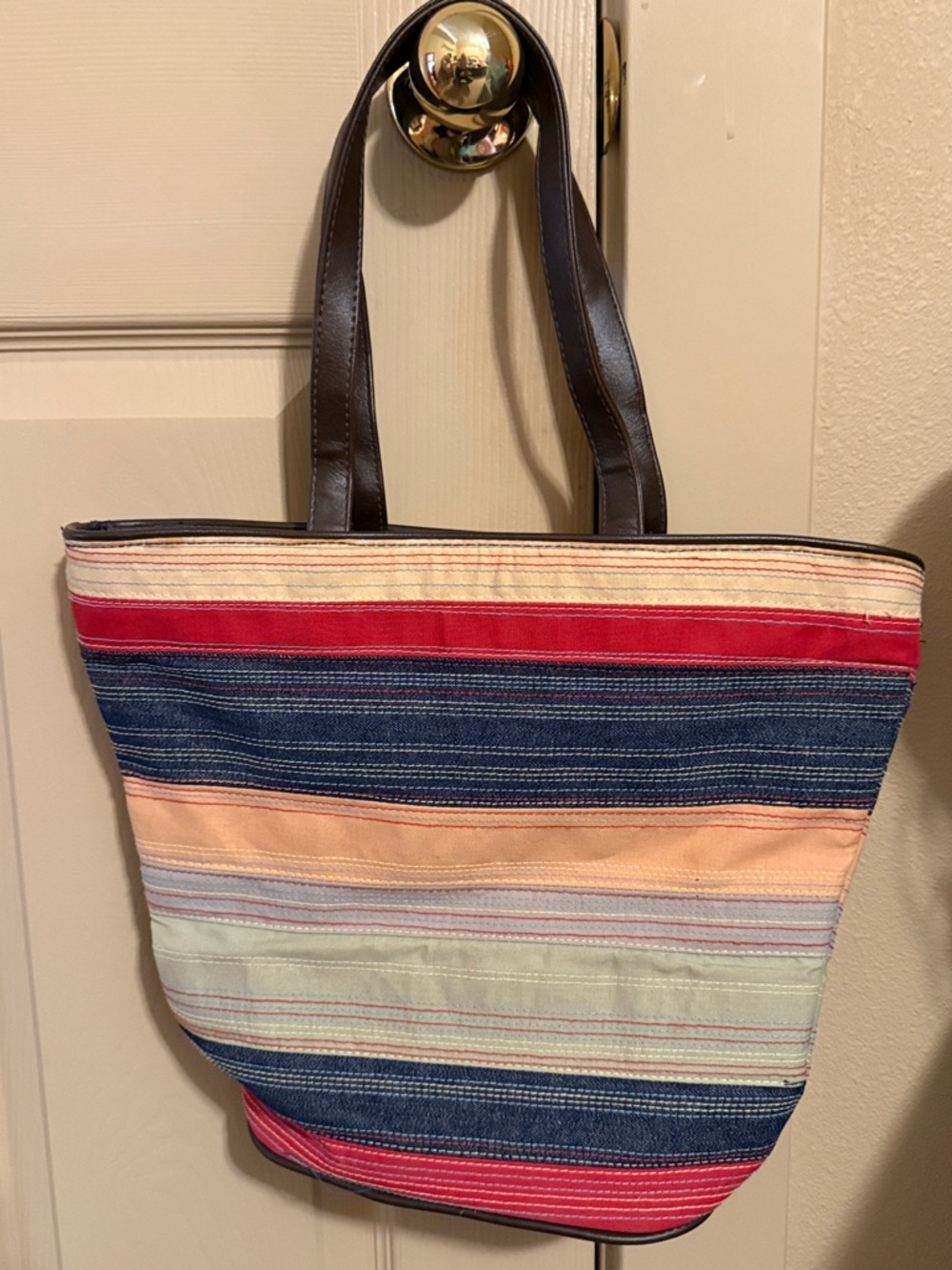 Striped Canvas Tote Bag with Brown Handles - Multicolor